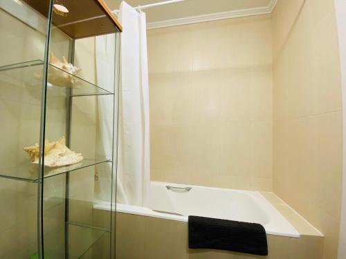uma casa de banho com uma banheira e um chuveiro em vidro. em La plaza apartment em San Sebastián