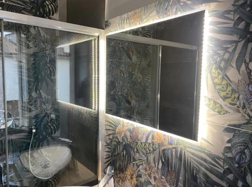 La salle de bains est pourvue d'un miroir et de toilettes. dans l'établissement Cinema Rooms Fiera Verona, à Vérone