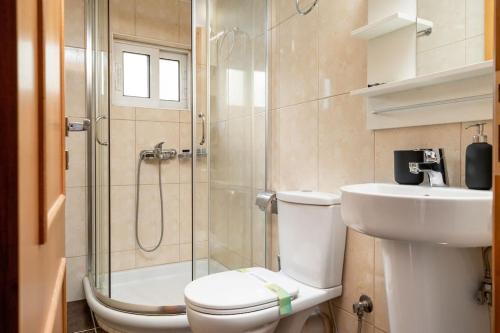een badkamer met een douche, een toilet en een wastafel bij Modern Two Level Apartment in the Heart of Athens in Athene