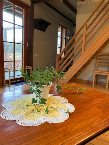 a vase with a plant on a wooden table at LELB Rekolekciju centrs Mazirbē in Mazirbe