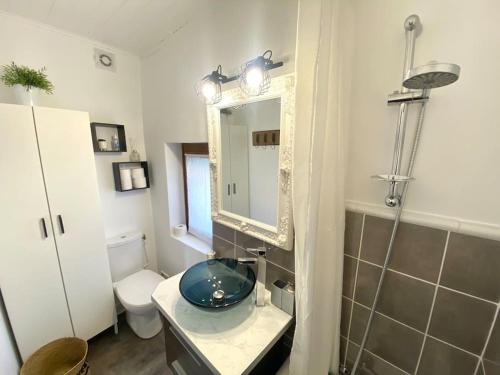 een badkamer met een wastafel, een toilet en een spiegel bij l'Escapade Seysselane in Seyssel