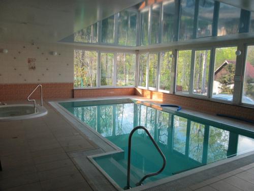 a large swimming pool in a room with windows at Hotel Narcyz in Świerad&oacute;w-Zdr&oacute;j