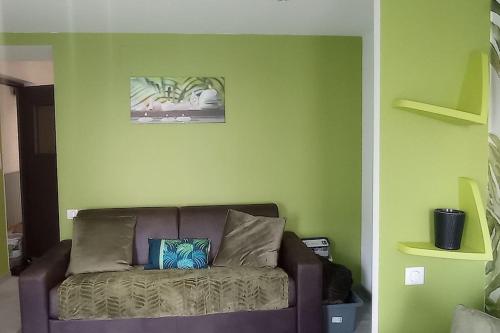 a couch in a room with a green wall at Gite Azalée in Raon-lʼÉtape