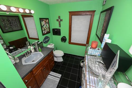 a green bathroom with a sink and a toilet at Berrodin Bed & Breakfast in Akron