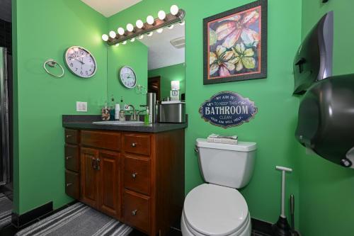a green bathroom with a toilet and a sink at Berrodin Bed & Breakfast in Akron