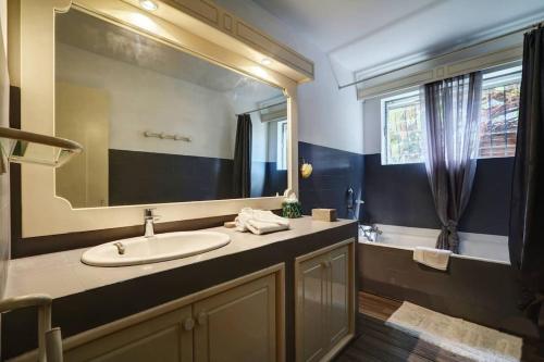 a bathroom with a sink and a large mirror at Villa KazAlizés avec Piscine et Jardin Saint Leu in Saint-Leu