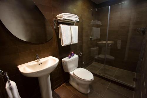 a bathroom with a toilet and a sink and a shower at Agua Dorada Beach Hotel By Lidotel in El Agua