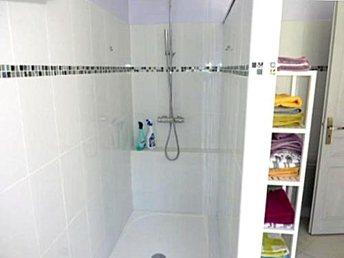 y baño con ducha con mampara de cristal. en Maison confortable avec vue sur la mer et la montagne à Oletta., en Oletta