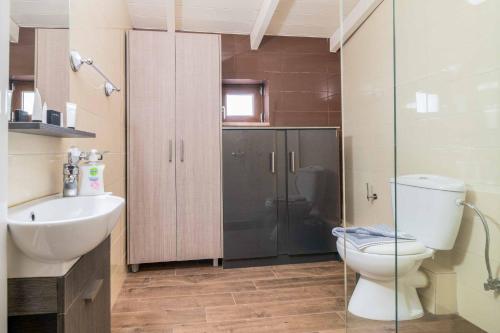 een badkamer met een toilet, een wastafel en een douche bij Villa Orient Platinum in Skinária