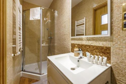 ein Bad mit einem Waschbecken und einer Dusche in der Unterkunft Aga Apartament 2 in Misdroy