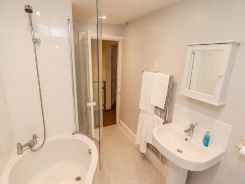 a bathroom with a shower and a sink and a toilet at Riverbank View in Whitby