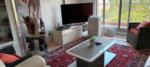 un salon avec une télévision à écran plat et une table dans l'établissement Capitale du mimosa, à Mandelieu-la-Napoule