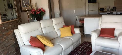 salon z białą kanapą i kolorowymi poduszkami w obiekcie Capitale du mimosa w mieście Mandelieu-la-Napoule