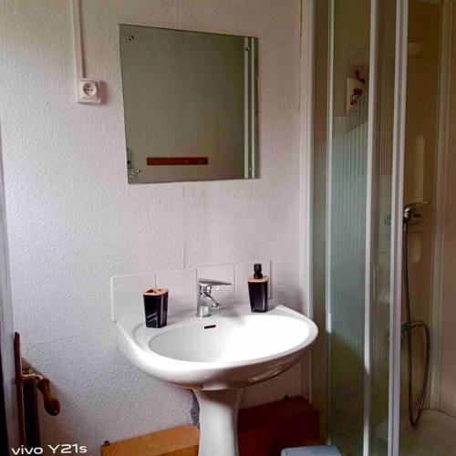 ein Badezimmer mit einem weißen Waschbecken und einem Spiegel in der Unterkunft Petite maison au cœur du village in Nanteuil-en-Vallée