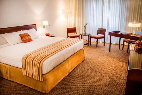 サン・クリストバルにあるLidotel San Cristóbalの大きなベッドとデスクが備わるホテルルームです。