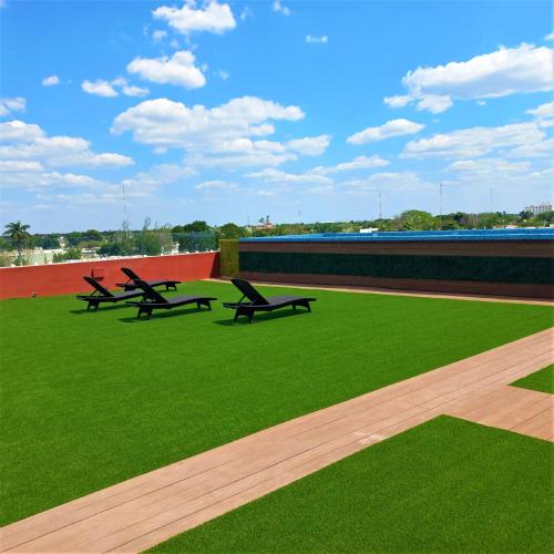 three benches sitting on top of a field of green grass at Hotel Kavia Premium - Paseo Montejo in Mérida