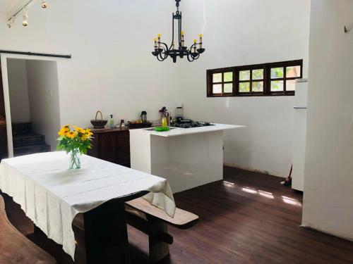 uma cozinha com uma mesa com um vaso de flores em Casa em Alto Paraíso com vista para as montanhas no Eldorado ao lado do centro em Alto Paraíso de Goiás