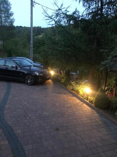 a black car parked in a driveway with lights at Willa Limba in Krościenko
