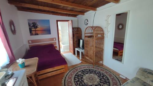ein Wohnzimmer mit einem Sofa, einem Bett und einem Spiegel in der Unterkunft Goda Apartman Siófok in Siófok