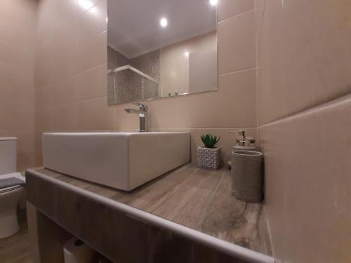 a bathroom with a sink and a mirror and a toilet at Castello Apartments in Kalivia Poligirou