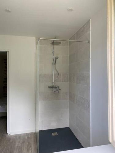 une douche avec une porte vitrée dans une salle de bain dans l'établissement L'Oustal dé la Domaiséla, à Saint-Ybard