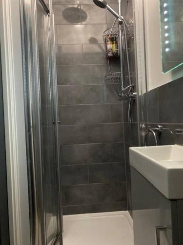 a bathroom with a shower and a sink at Modern 1 bedroom flat with patio garden & parking in Ashford