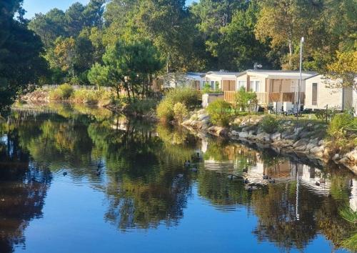 une rivière avec des reflets d'arbres dans l'eau dans l'établissement Mobil home camping luxe 4 étoiles, à Lège-Cap-Ferret
