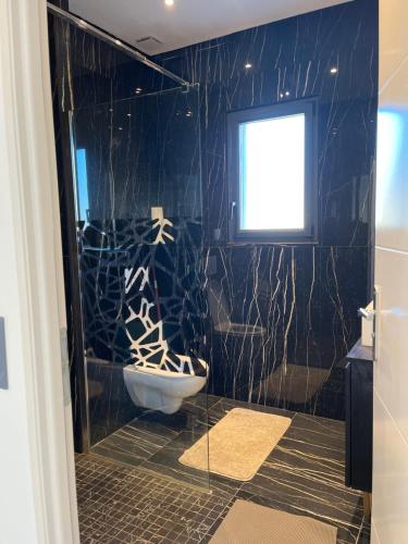 La salle de bains est pourvue de toilettes et d'un mur en marbre noir. dans l'établissement Chambre double -vue sur jardin, à Bergerac