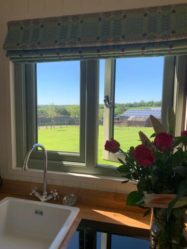 zlewozmywak kuchenny i okno z widokiem na pole w obiekcie The Woolly Sheep Shepherd Huts w mieście Whitland