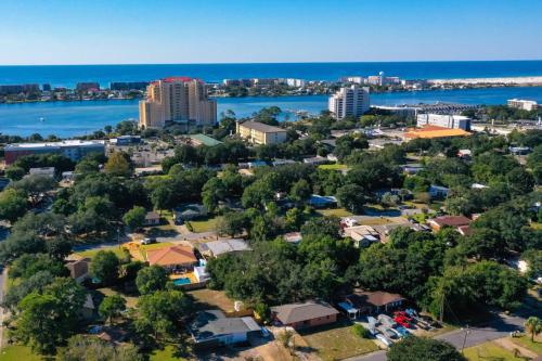 an aerial view of a city and the ocean at Cathy and Jim's Florida Beach House in Fort Walton Beach