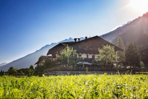 a house in a field next to a mountain at Hotel Brunnenhof in Neustift im Stubaital