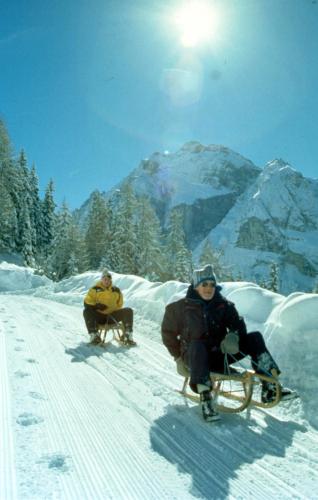 two people are sitting on sleds in the snow at Hotel Brunnenhof in Neustift im Stubaital