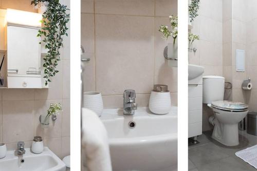 - deux photos d'une salle de bains avec lavabo et toilettes dans l'établissement Modern & Bright 1BD Apartment near Main Square, à Plovdiv
