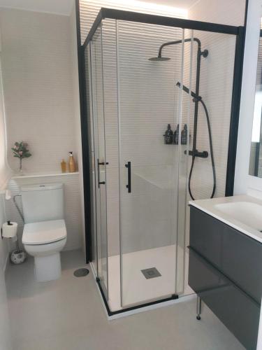 La salle de bains est pourvue d'une douche, de toilettes et d'un lavabo. dans l'établissement Ático con terraza, à Vigo