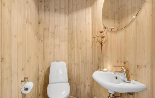 La salle de bains est pourvue d'un lavabo, de toilettes et d'un miroir. dans l'établissement 4 Bedroom Amazing Home In Hasle, à Hasle