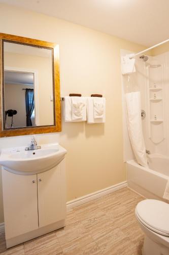 a bathroom with a sink and a toilet and a mirror at Cavendish Memotree Resort in Cavendish