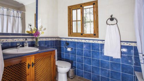 La salle de bains est pourvue de carrelage bleu, de toilettes et d'un lavabo. dans l'établissement Villa Francisco, à Frigiliana
