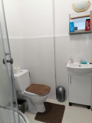 a bathroom with a toilet and a sink at Centrum One in Suwałki