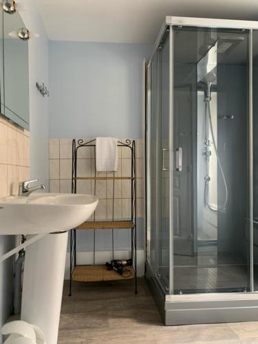 un bagno con doccia in vetro e lavandino di Le petit bonheur de la Haute a Boulogne-sur-Mer