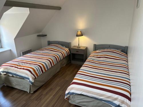 deux lits côte à côte dans une pièce dans l'établissement Le petit bonheur de la Haute, à Boulogne-sur-Mer