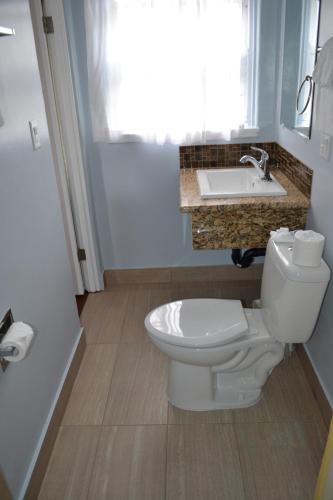 a bathroom with a white toilet and a sink at Rex Motel in Ventura