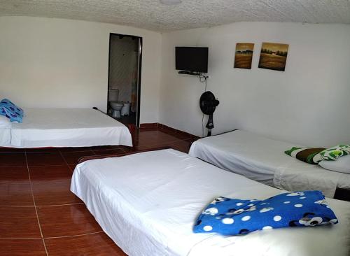 um quarto de hotel com três camas e uma televisão em FINCA HOTEL LA BONITA BY LA MACORINA em Quimbaya