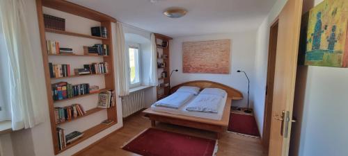 een kleine kamer met een bed en boekenplanken bij Paradies 1 in Kastelhof