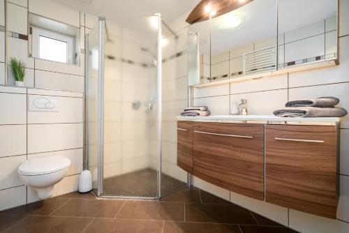 La salle de bains est pourvue d'une douche, de toilettes et d'un lavabo. dans l'établissement Ferienwohnungen Blaue Maus Mirow, à Mirow