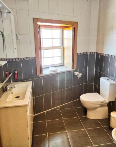 a bathroom with a toilet and a sink and a window at Casa Aldeia da Lapa in Sernancelhe