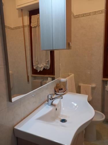 uma casa de banho com um lavatório, um espelho e um WC. em Bilocale con ingresso indipendente Katia em Massa