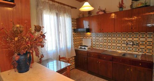 a kitchen with a table and a vase of flowers at Pansion panorama family apartment in Skala Marion