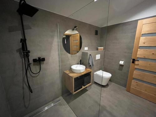 a bathroom with a toilet and a sink and a shower at Chata Pod Skalkami in Vyšný Kubín