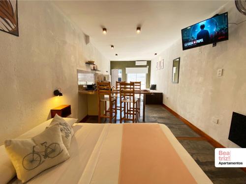 Beatriz Apartamentos - Monoambientes في جينيرال بيكو: غرفة نوم بسرير وتلفزيون على جدار