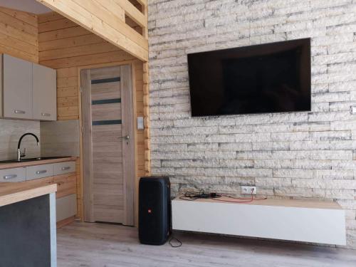 a kitchen with a television on a brick wall at Domki letniskowe Leśny Chillout in Solina